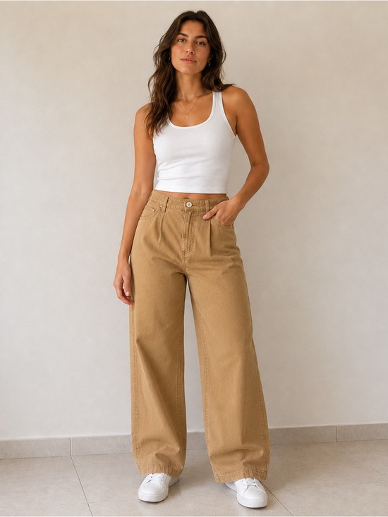 Zara Pants - Zara Camel Wide Led Pants Womens size L Pleated